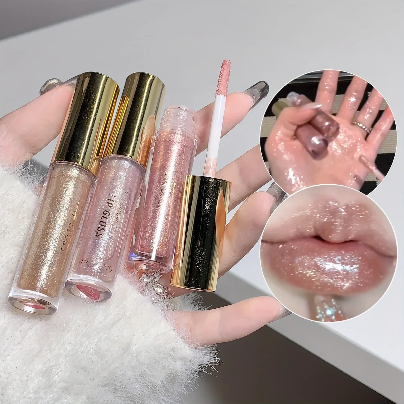 Lucidalabbra metallizzato dorato scintillante, evidenziatore schiarente per il viso con smalto scintillante, gel colorato idratante per tutti i tipi di pelle