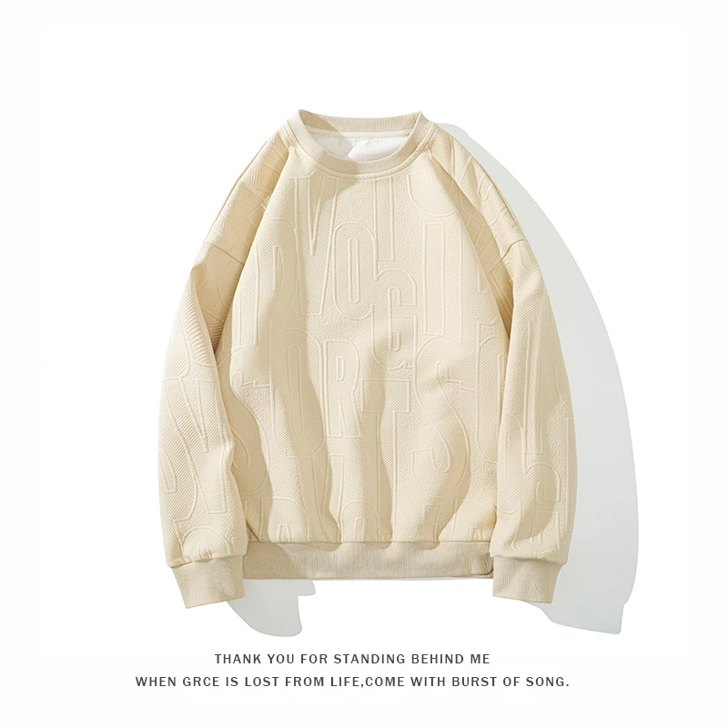 Men White Emed Letter Round Neck Sweatshirt Raised Text Oversized Loose Long Sleeve Streetwear Pullover