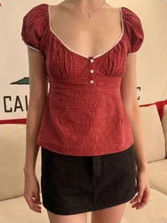 Red Plaid Lace Trim T-Shirts Women Three Buttons Square Neck Cotton Puff Sleeve Tees Blouse Vintage Sweet Summer Slim Crop Top