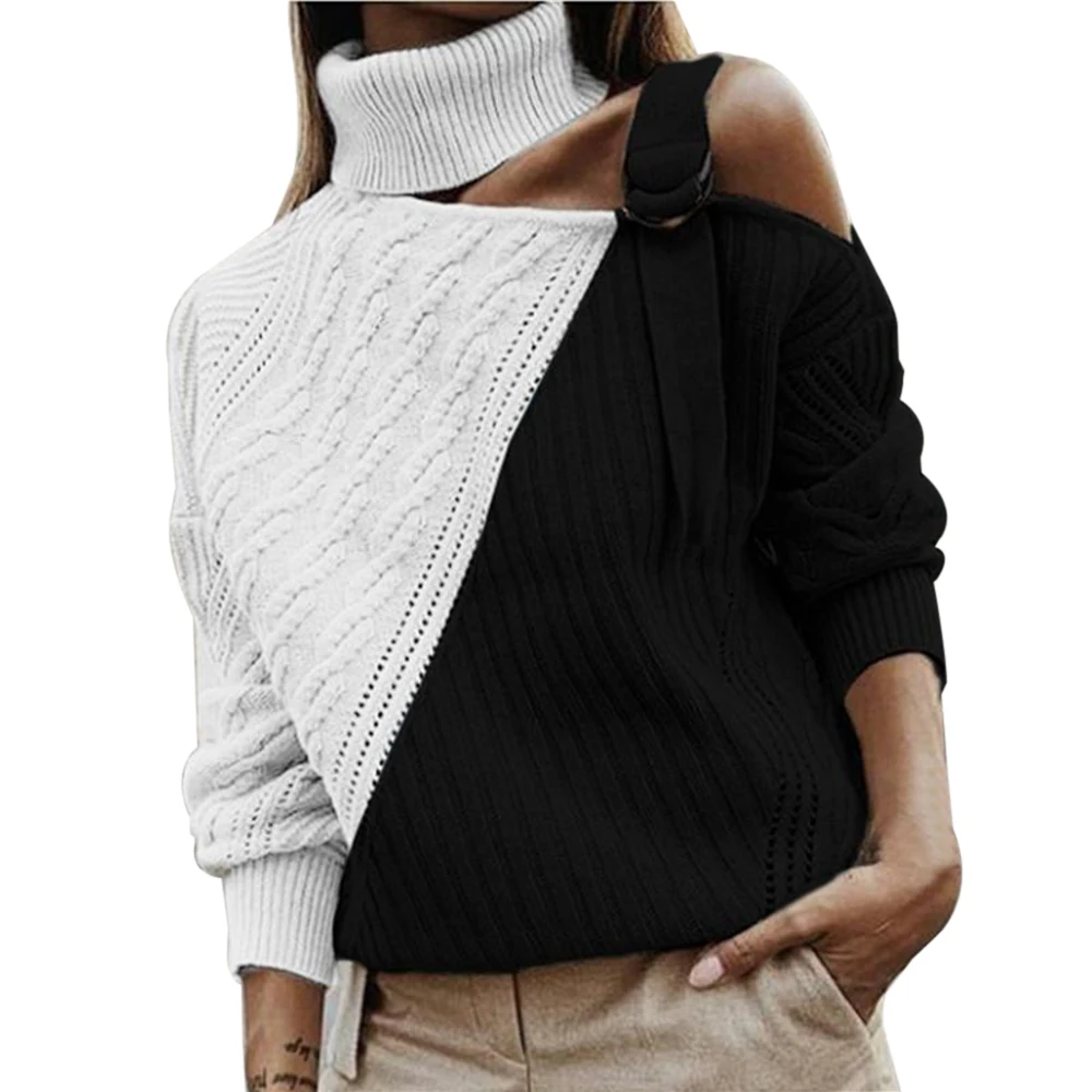 Autunno inverno manica lunga maglione top donna Patchwork dolcevita maglione Sexy Off spalla fibbia Pullover lavorato a maglia Pull maglieria