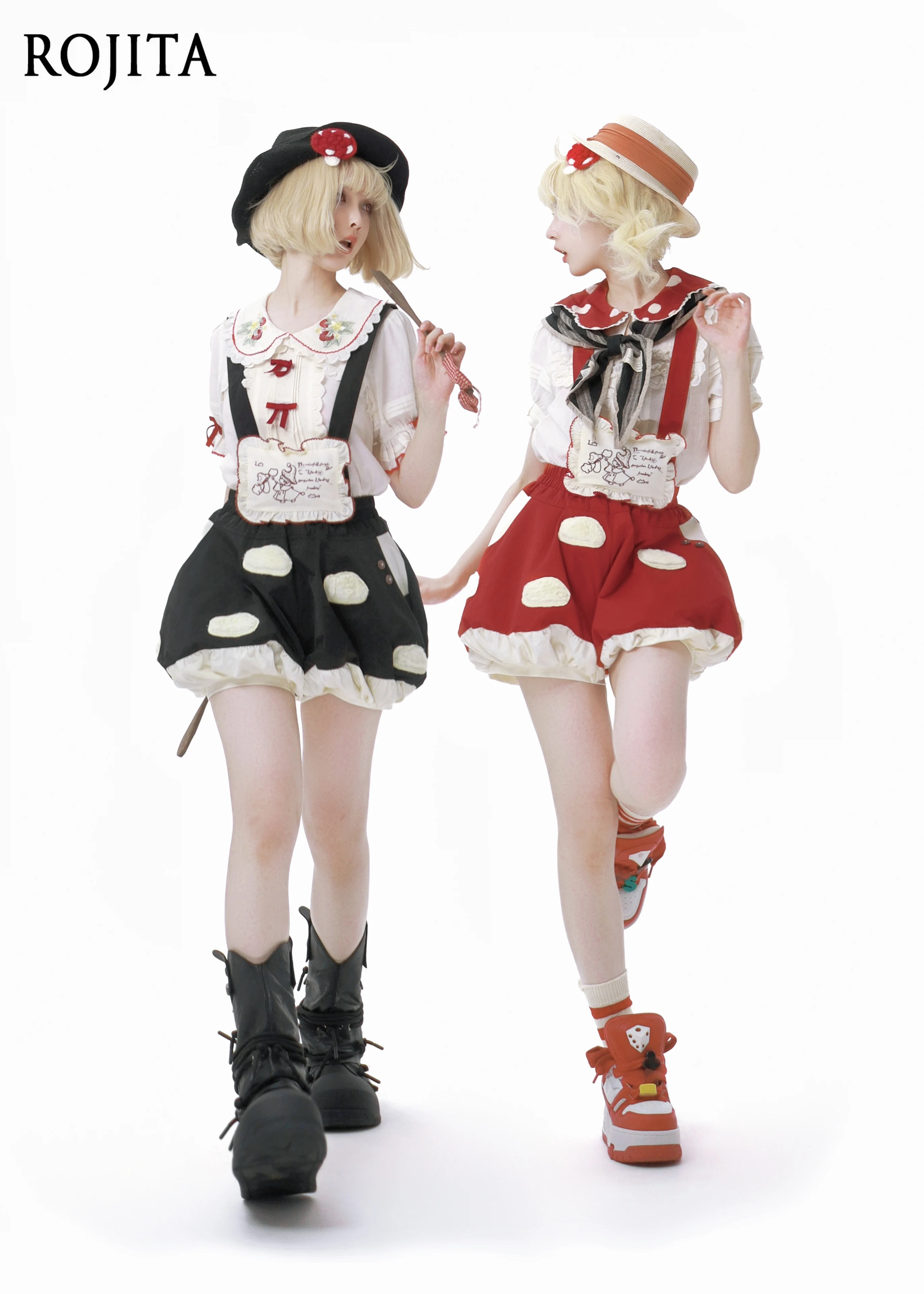 

Red Mushroom Strap Shorts Women Cute Red Lolita Summer and Autumn Lolita Lantern Shorts High Waisted Shorts