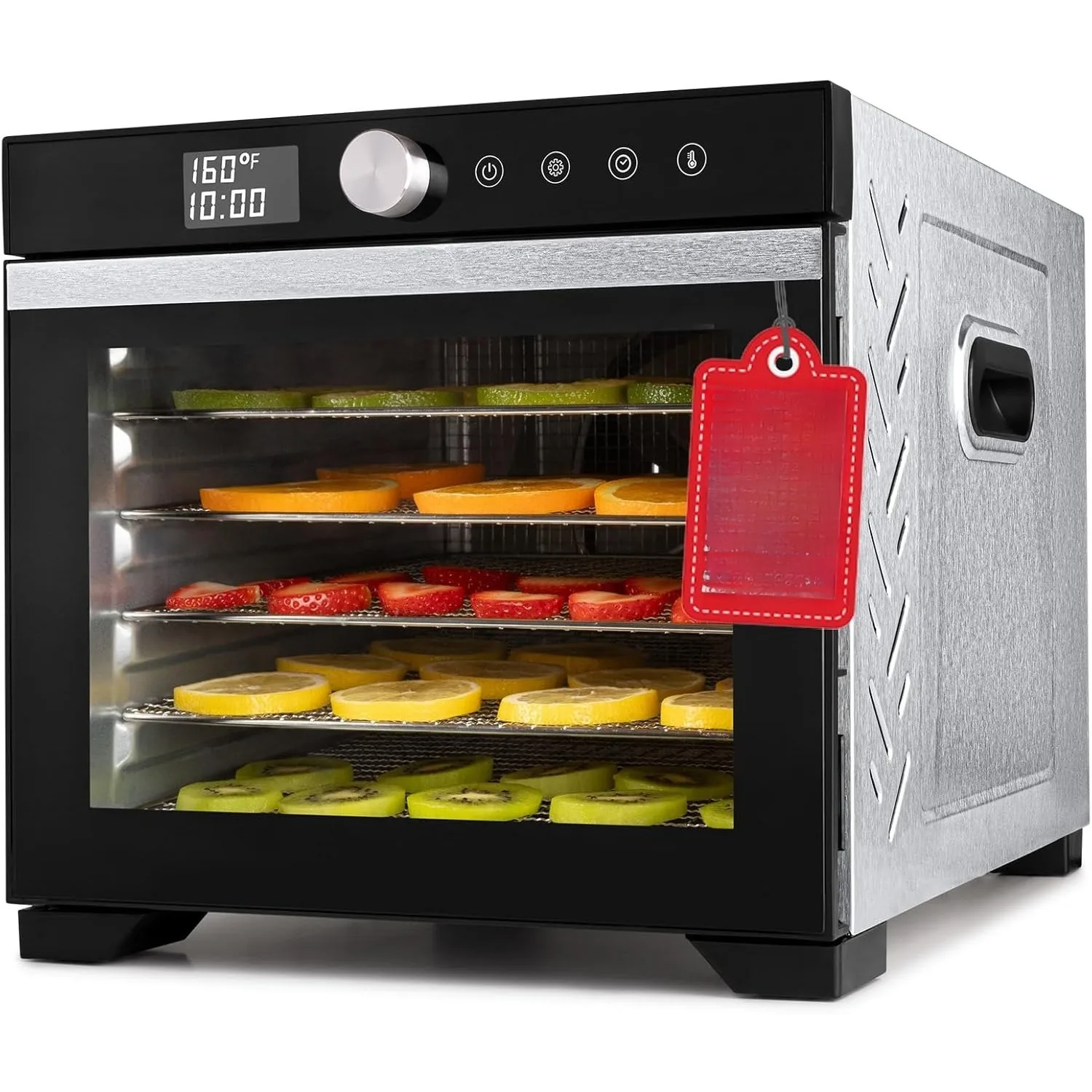 Digital Food Dehydrator – 6 Stainls Steel Trays, 360° Airflow, One-Touch Prets, Adjustable Temp 95–165°F, Timer, Glass Door