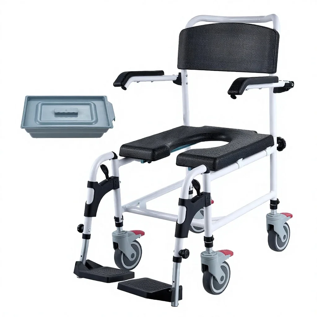 350lbs Shower Commode Wheelchair, 4 Lockable Wheels, Flip-up Arms, 3-Level Height Adjustable, Bath Transport Chair
