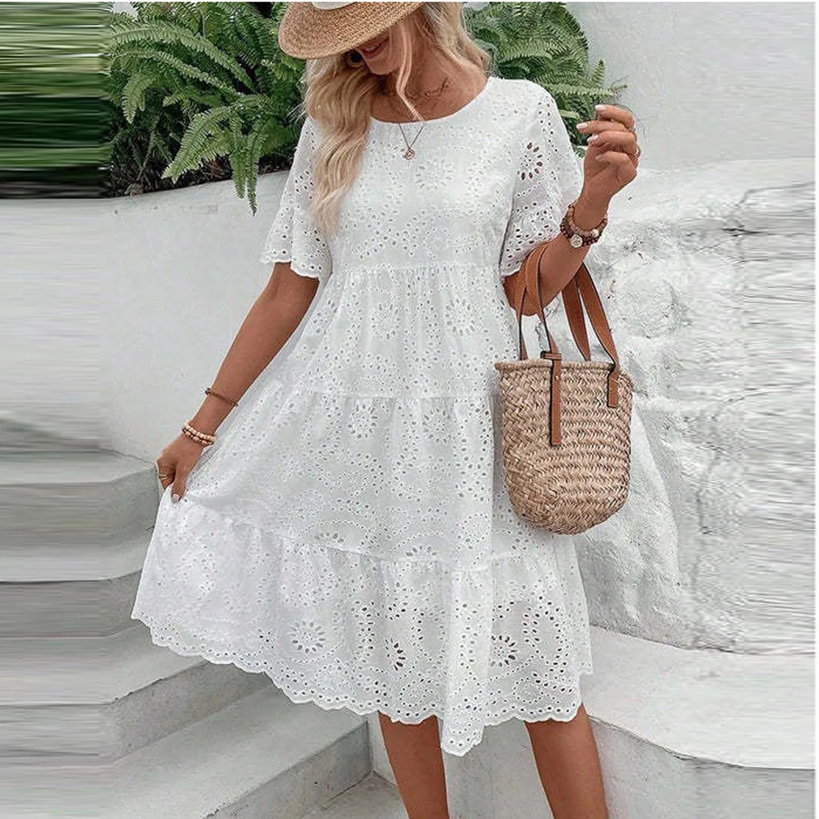 Fashionable Dress For Ladies Embroidered Lace Multi-Layered Dress Graceful Stylish Cotton Solid Color Hollow Out Dress 2024