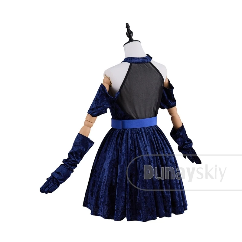 Alien Stage Mizi Cosplay Costume Wig Velvet Dress Off Shoulder Halter Neck Mesh Sheer Panel Gem Brooch Blue Waist Belt Buckle view 4