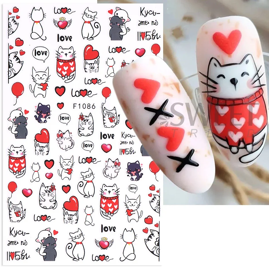 3D Cartoon Valentines Nagel Aufkleber Rot Liebe Herz Nette Katze Bär Panda Sexy Frauen Lippen Brief DIY Romantische Maniküre Dekoration