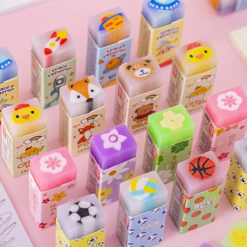4Pcs/Lot Cute Crystal Sandwich Cutting Pencil Erasers Kawaii Cartoon Space Animal Ball Fruit Student Eraser School Stationery