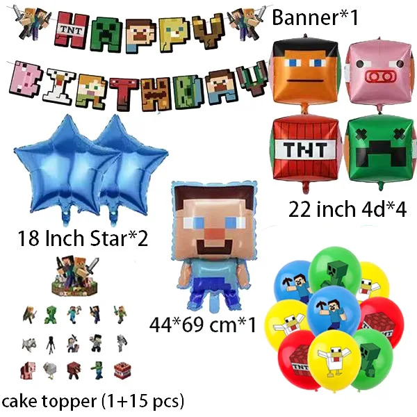 44/28pcs a set for Minecrafte Birthday Balloon Banner Party Decoration Anime Spiral Ornament Cake Topper Supplies Party Supplie view 3