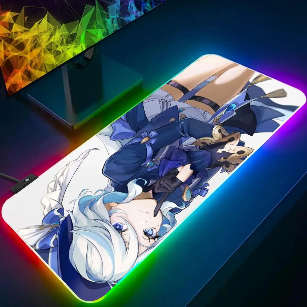 Anime Gril Furina Mouse Pad All White Large Size Mouse Pad RGB Glow Personality Picture Custom PC Table Mat Carpet Mat Game Play