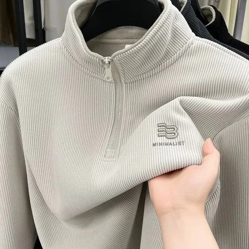 

Half Zip Stand Up Collar with Plush Thick Hoodie, Men's Long Sleeved, Autumn and Winter Base Coat, Warm Inner Layer Top, Outerwe