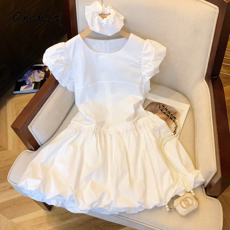

2025 Summer Fairy Style Puff Sleeve Thin Solid Color Dresses Women Elegant Chiffon High Waist Round Neck White Princess Dresses