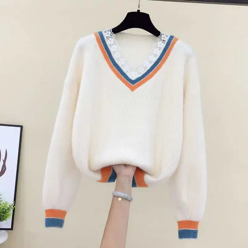 Renda com decote em v 2024 outono novo nicho solto versátil estilo coreano ulzzang solto curto camisola de malha pulôver chique topo