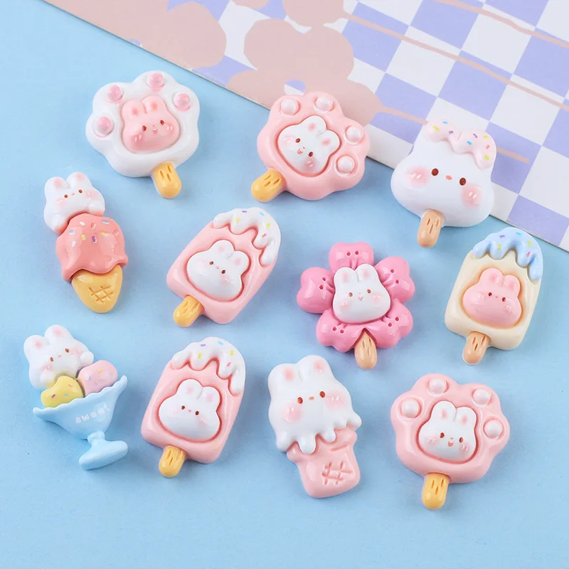 

10Pcs Kawaii Cartoon Ice Cream Rabbit Resin DIY Shoes Hat Icebox Barrette Mobile Phone Case Scrapbook Cream Glue Flat Back Resin