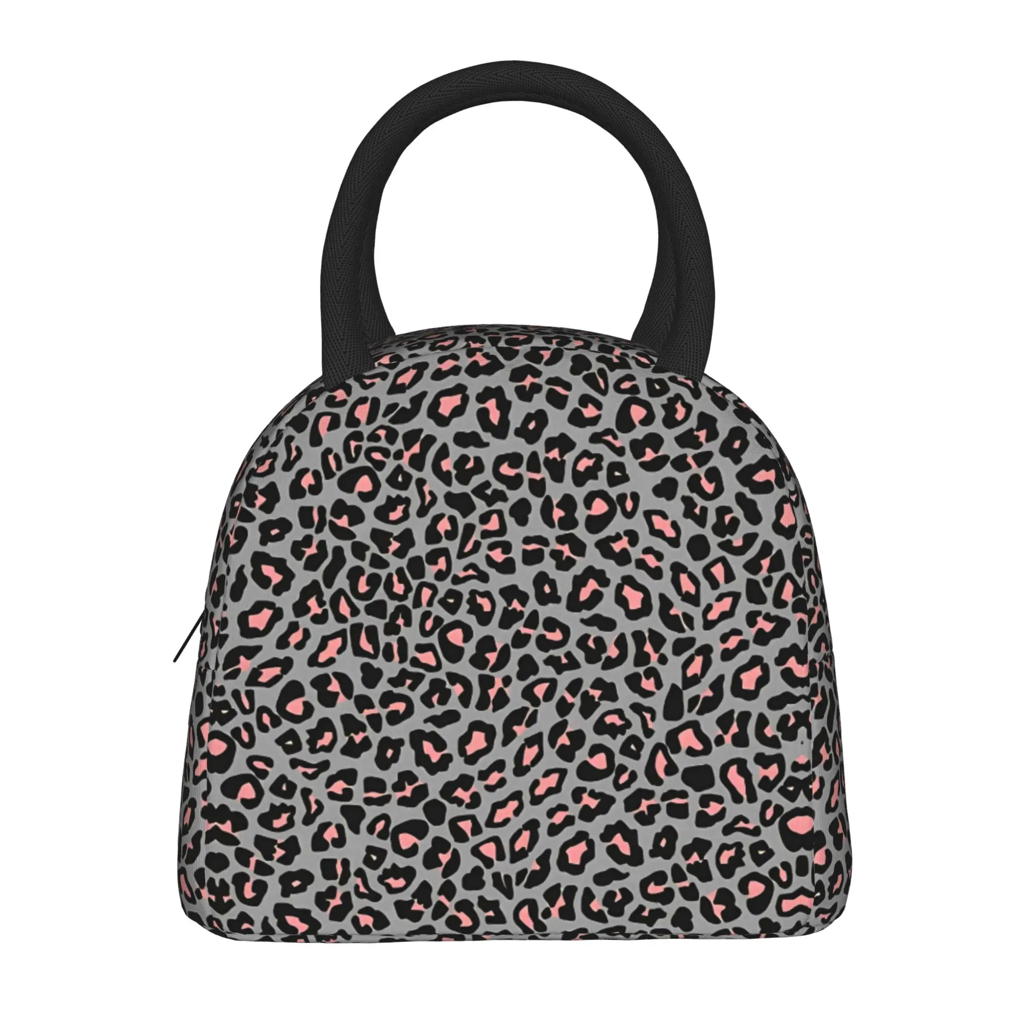 Pink and Grey Leopard Print Spots Lunch Bag For Unisex Design Lunch Box Picnic Cooler Bag Convenient Oxford Tote Food Bags