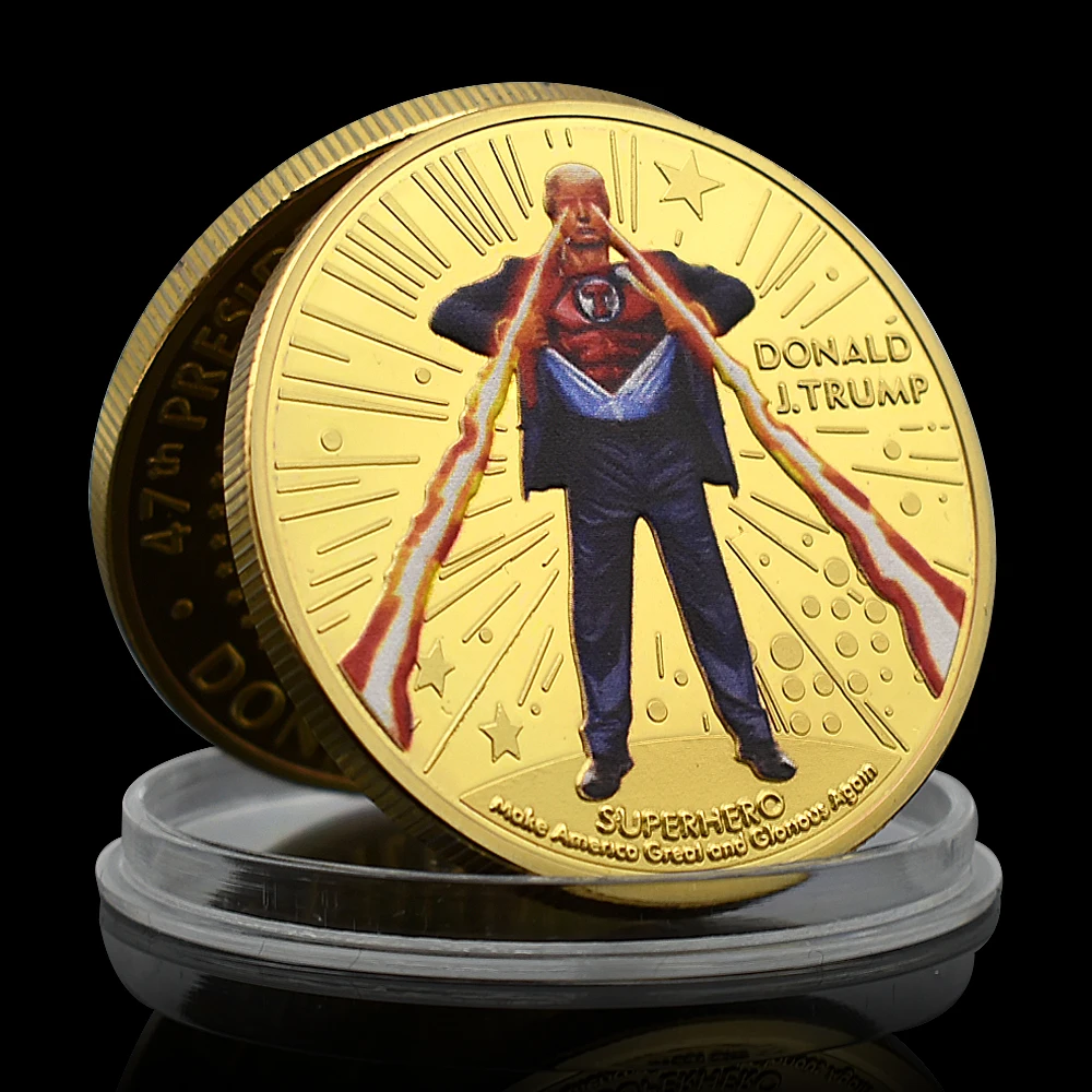 Superhero Donald Trump 2024 Gold Coin 47th President of The United States Challenge Coin American Style Patriotism Medal Seal