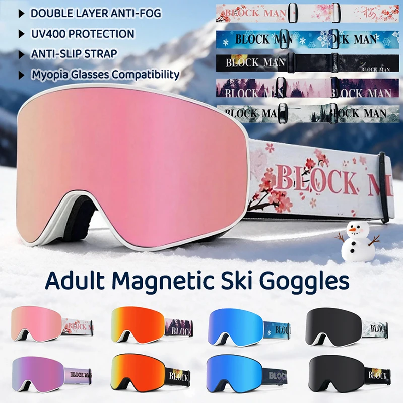 

New Magnetic Ski Goggles - Double Layer Anti-Fog Snow Goggles Winter Sports Skiing, UV400 Protection Windproof, Mountaineering