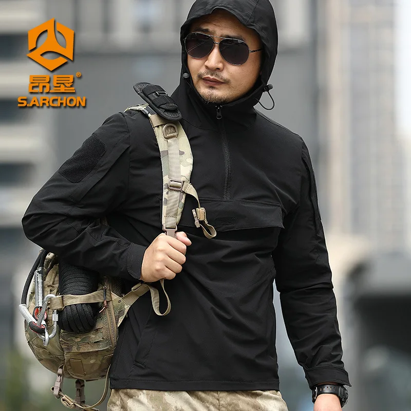 Outdoor Tactical Hoodie Jacket Splashproof Elastic Cargo Top Coat Wear-resistant Camping Hiking Cycling Softshell Jacket