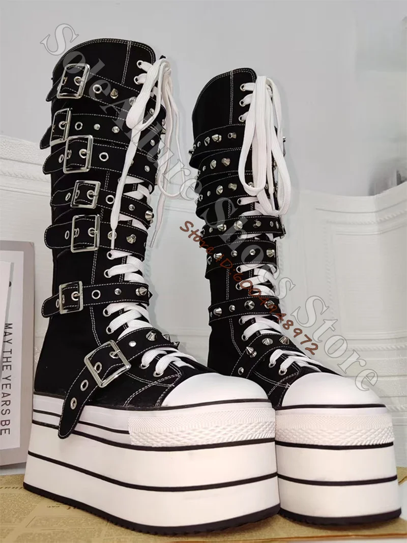 Buckle Knee High Canvas Platform Boots White Rubber Cap Toe White Lace-Up Striped Chunky Sole Booties Y2K Punk Alt Festival Boot