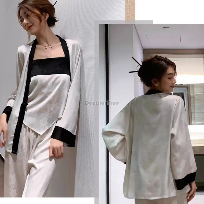 2026 new chinese retro style women 3 piece lightweight hanfu pajamas with padded cups summer style satin loose hanfu pajamas set