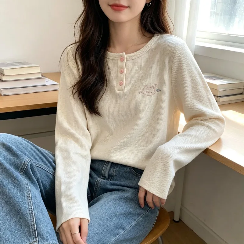 Women's Ribbed Long Sleeve T-Shirt Cotton Slim Fit Round Neck Top with 3 Buttons Y2K Sweet Cute Pink Tee Spring Casual Tops