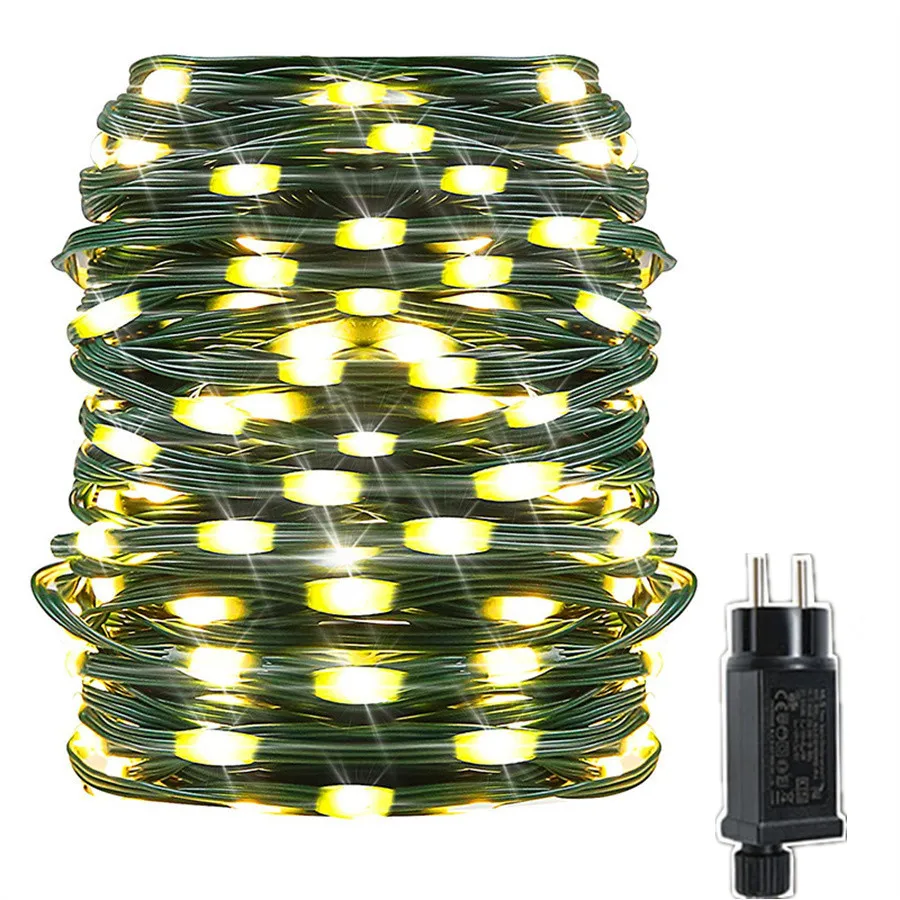 Guirnalda de luces LED navideñas para exteriores, 20M, 50M, 100M, 8 modos, guirnalda impermeable, luz de hadas para fiesta, boda, Patio, decoración de jardín