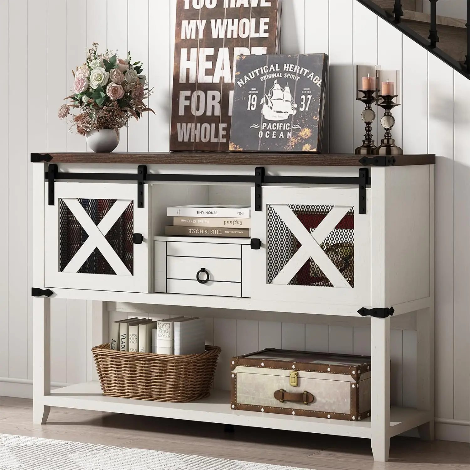 

Farmhouse Entryway Table w/2 Sliding Barn Doors & Drawer, 46'' Rustic Console Table w/ Storage, Open Shelf Space for Living Room