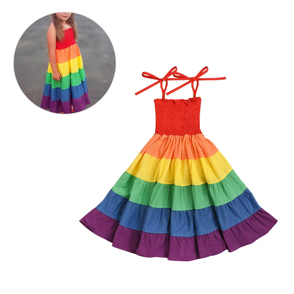

Rainbow Skirt One-Piece Colorblock Sleeveless Strapless Skirt 140cm Party Performance Costume Ballet Dress Cosplay Gift