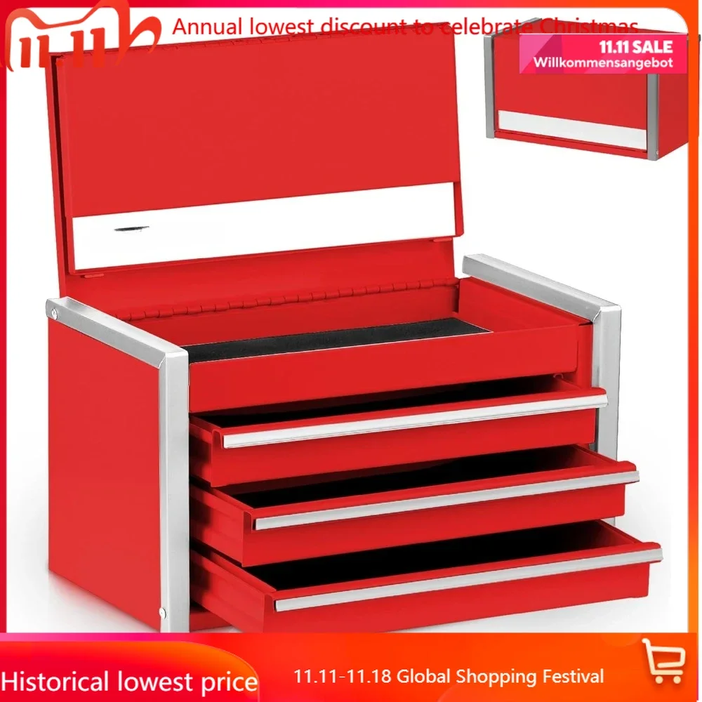 Mini Red Tool Box, Portable 3 Drawer Steel Tool Box with Magnetic Tab Locking, Red Micro Top Chest with Liner for Tools Storage,