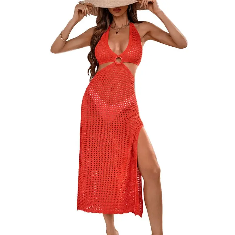 

ABUE-Beach Swimsuit Cover Up Women V Neck Dress Halter Backless Hollow Out Waist Maxi Dress Long Dresses
