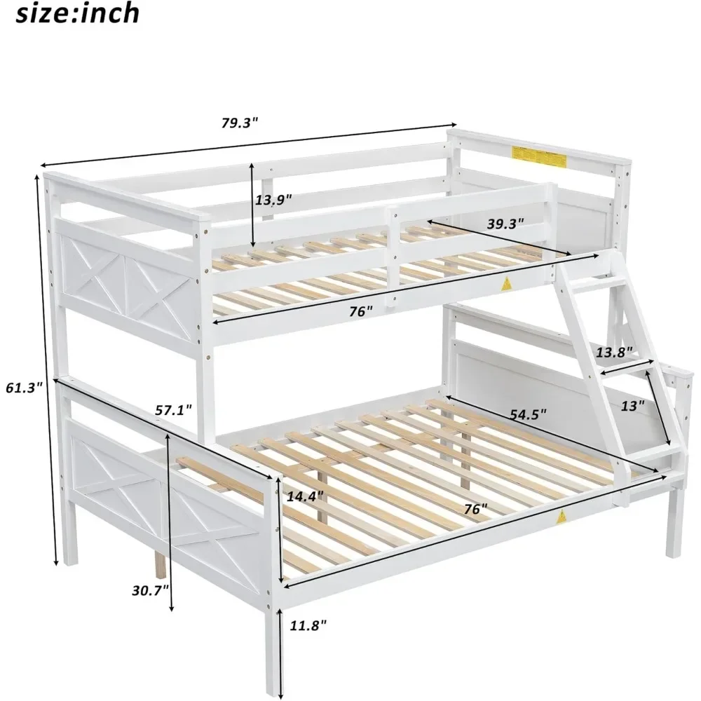 Bunk Bed, with Ladder Safety Guardrail Sturdy Wood Beds Frame Easy Assembly Space-Saving Design for Bedroom, Wood Bunk Bed Frame