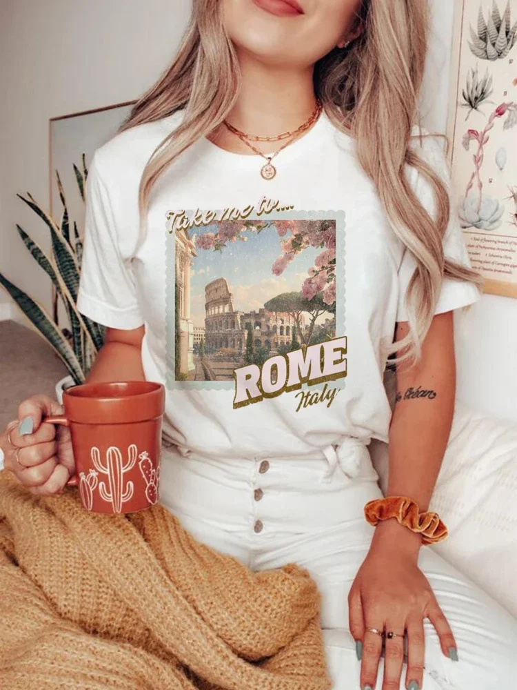 Rome Letter Printed 90s Round Neck Women\'s Pattern T-Shirt Clothing Printed Short Sleeved T-Shirt Casual Fashion Women\'s Clothin