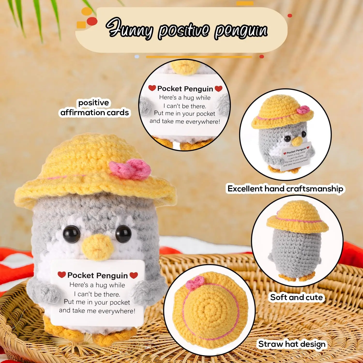 Funny Hug Pocket Penguin Dolls with Card  Cute Wool Crochet Emotional Support Penguin Doll with Summer Straw Hat Home Room Decor