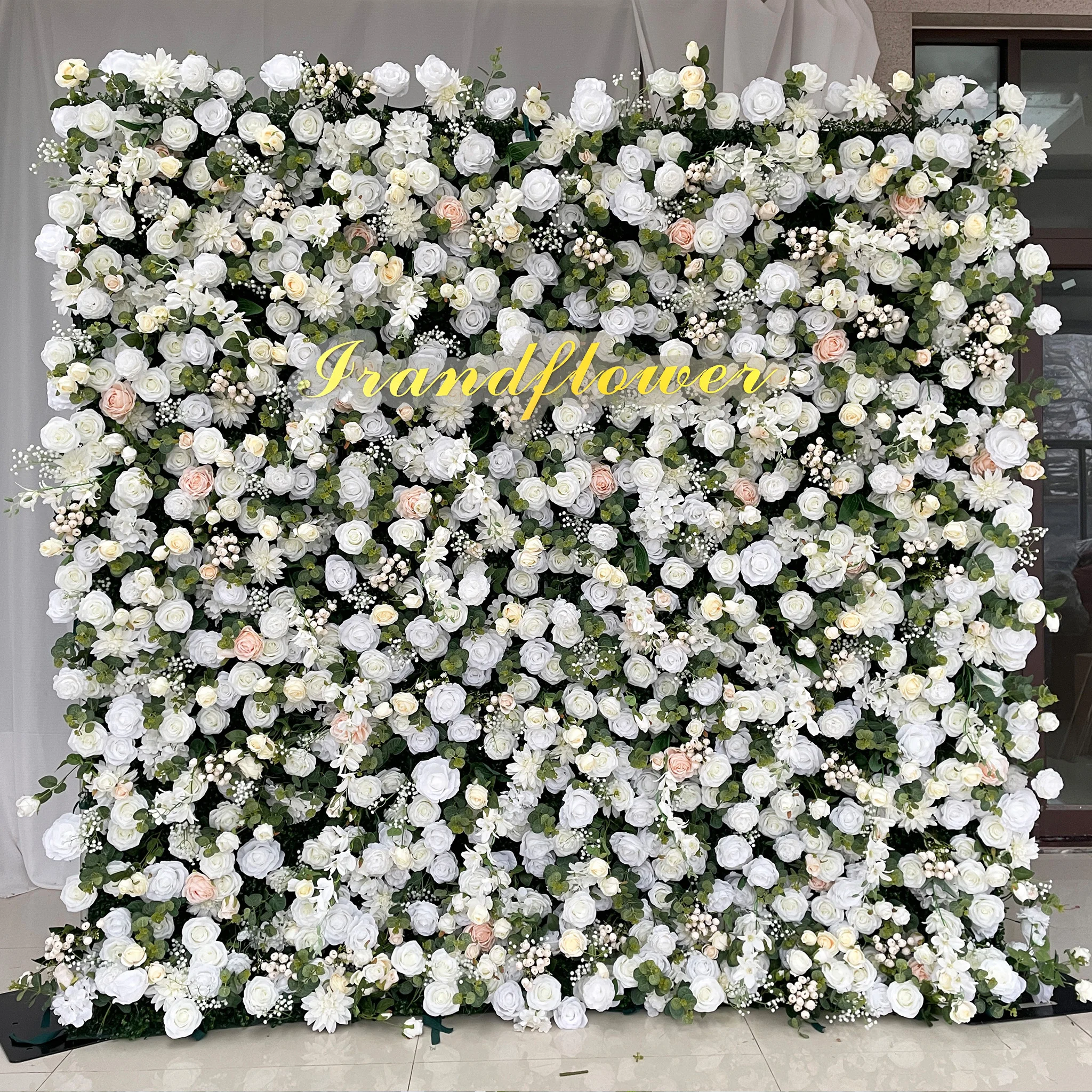 

Customized Classic Professional Artificial Silk Flower Wall Roll With White Rose For Wedding Decoration