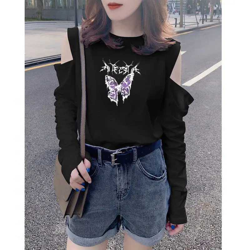 Fashion O-Neck Casual Printed Off Shoulder T-Shirt Women's Clothing 2024 Spring Summer New Slim All-match Tops Korean Tee Shirt