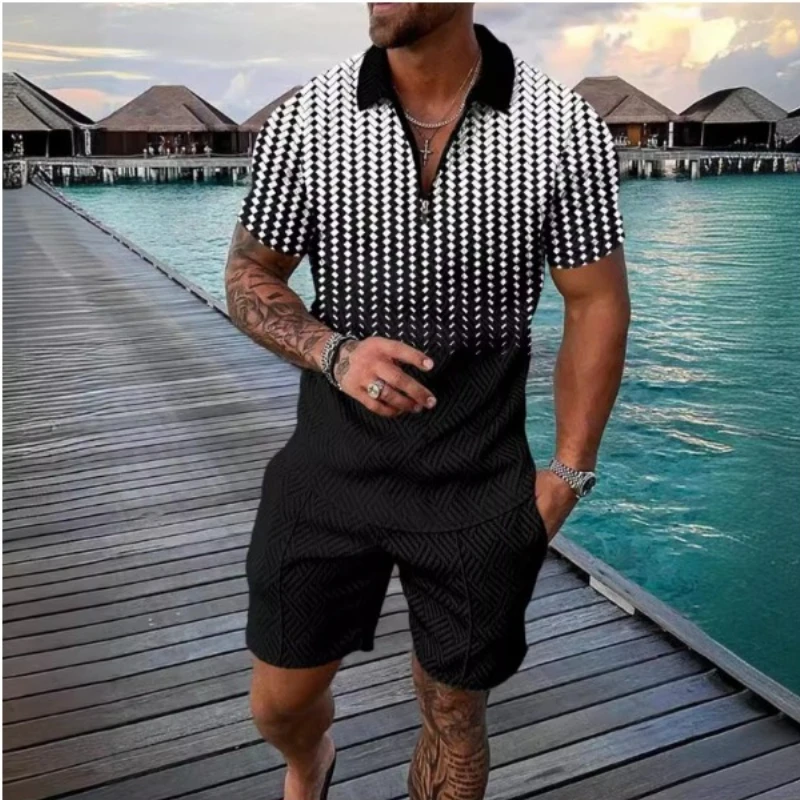 Men's Suit Golf Shirts Shorts Two pieces Sets Summer Lapel Blocking Zipper Europe America Sports Casual Suits for Men Clothes