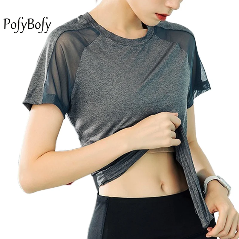 PofyBofy Quick Drying Breathable Mesh Splicing Crew Neck Slim Fit Stretchy Short Sleeves Women Yoga T-Shirt Fitness Workout Tops