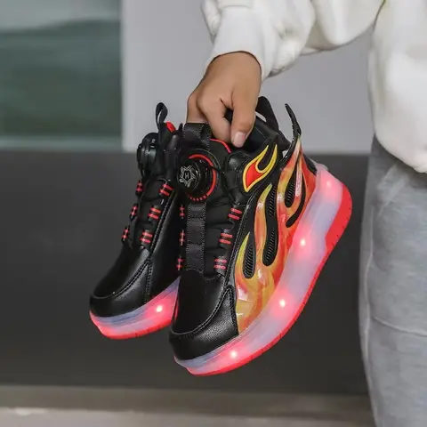Rotating button Girls' sneakers 2024 New kids leather top Rampage lace Light skates Student Breathable Flame roller skates
