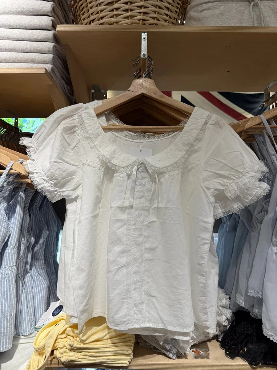 

Sweet Lace Patchwork Slim T-shirt Blouse Woman New Peter Pan Collar Puff Sleeve Shirts Summer Cotton White Preppy Style Y2k Tops