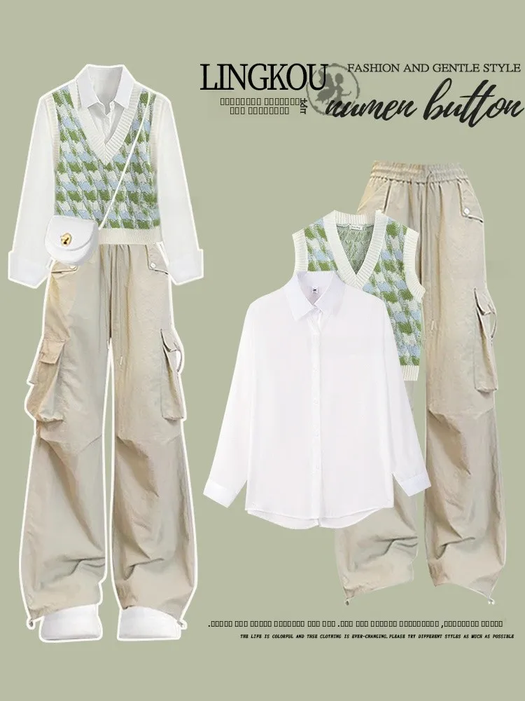 

Anti-Aging Large Size Spring Autumn Knitted Set Women's Base irt High Waist Slimming Casual Workwear Pants Tee-Piece Set