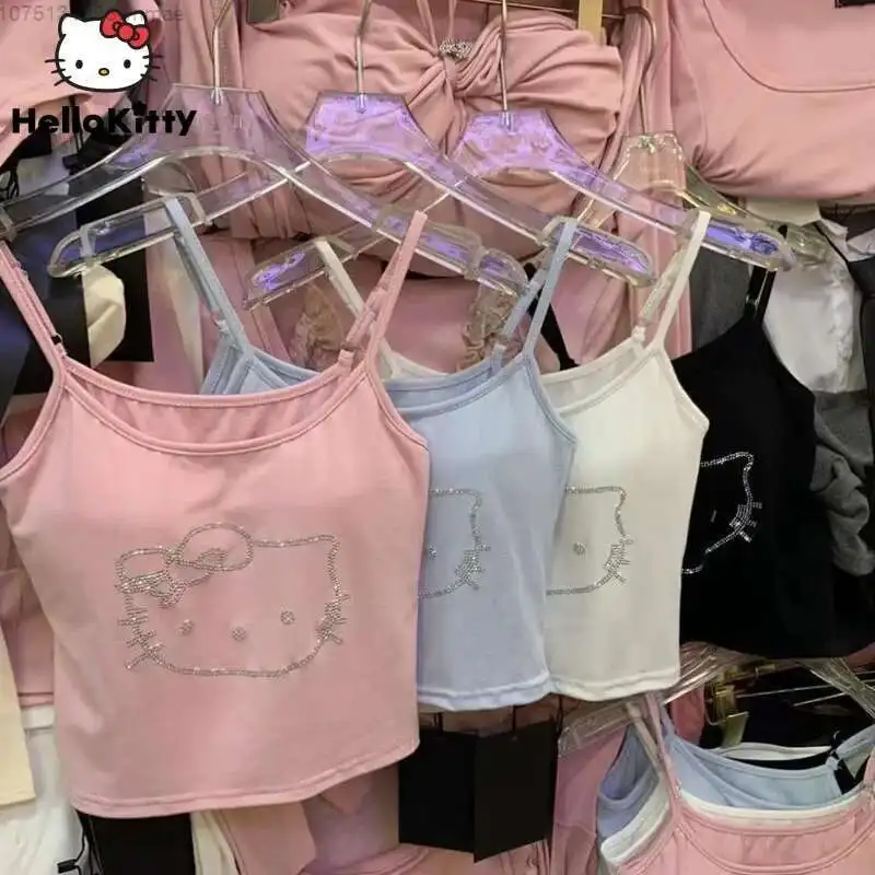 

Sanrio Hello Kitty New Pink Navel-gazing Clothing Y2k American Slimming Tank Tops with Chest Pads Women's Sweet Suspender Vest