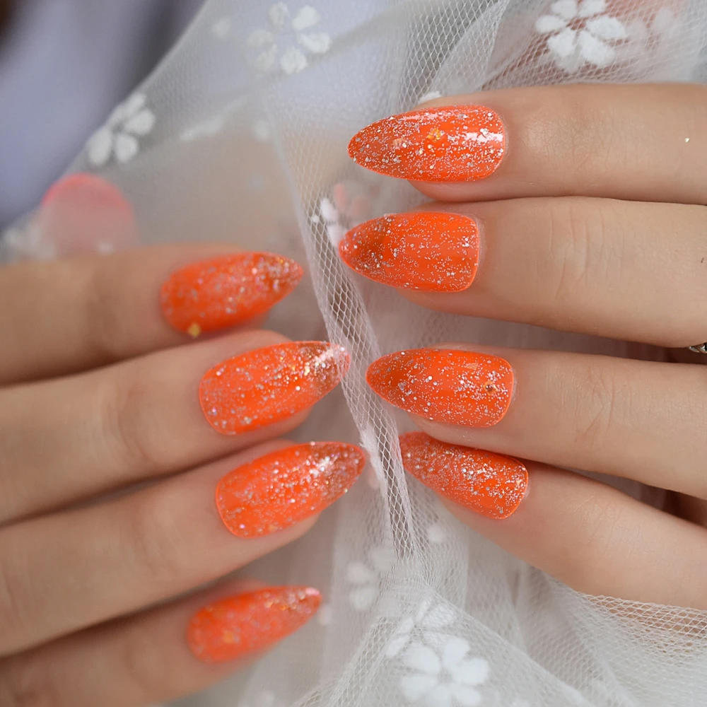 Orange glitzernde Stiletto-Kunstnägel Jelly Neon Medium Press On Fingernägel Transparente Spitzen Full Cover 24