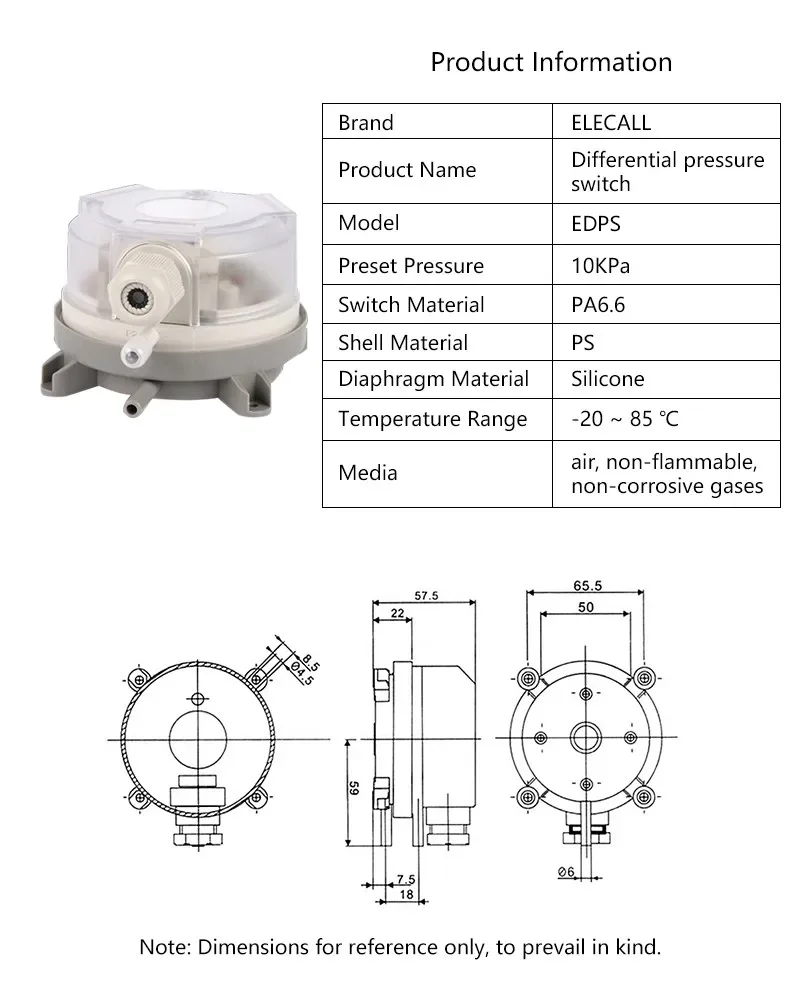 ELECALL Luftdifferenzdruckschalter, einstellbarer Mikrodruckschalter, optionaler Bereich 20 ~ 5000 Pa, 500 Pa, 300 Pa – Detail 4