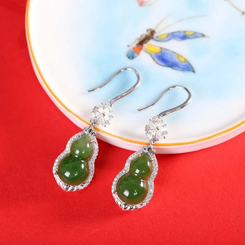 S925 Sterling Silver Inlaid Natural Hetian Jade Gourd Earrings