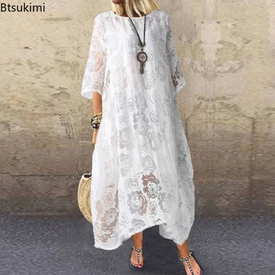 2024 Women\'s Elegant Short Sleeve Lace Design Long Dress for Summer Oversized Ladies Solid Club Party Evening Dress Vestidos 5XL