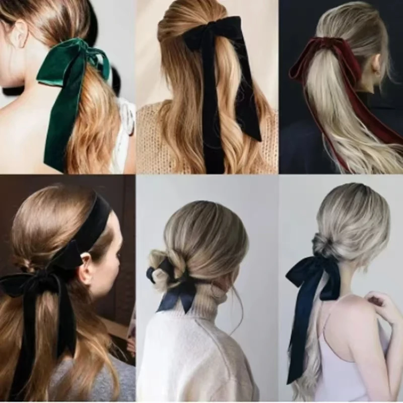 Lazo de terciopelo negro Vintage para mujer y niña, cinta para el pelo, diadema elástica larga, accesorios para el cabello femen