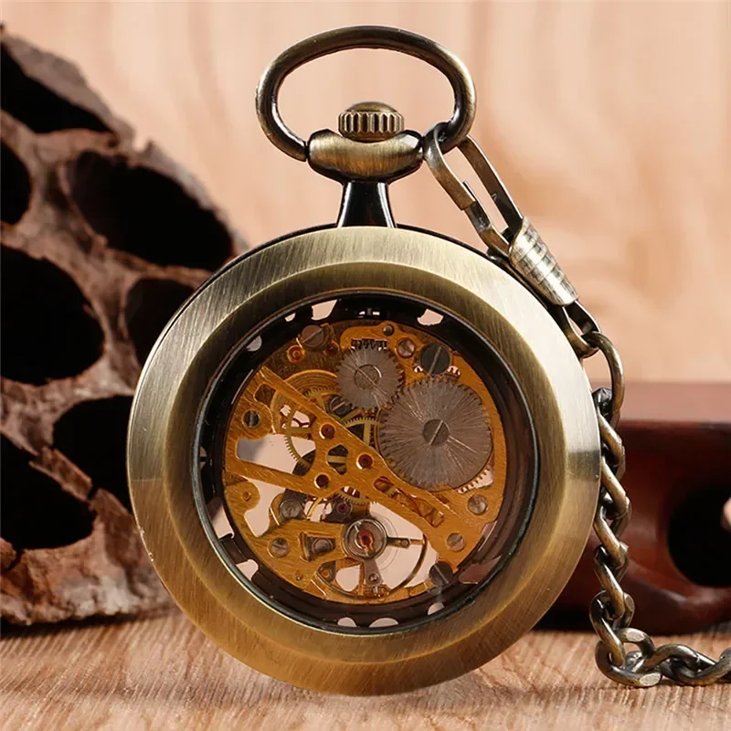 

Vintage Style Unisex Hand-winding Mechanical Pocket Watch Transparent Open Face Case Clock with Pendant FOB Chain Timepeice