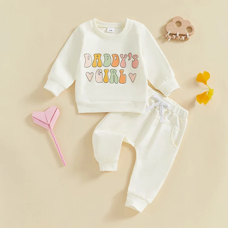 Kids Baby Girls Autumn Clothes Sets Cute Long Sleeve Letter Print Sweatshirts and Solid Drawstring Pants 2Pieces Activewear Sets