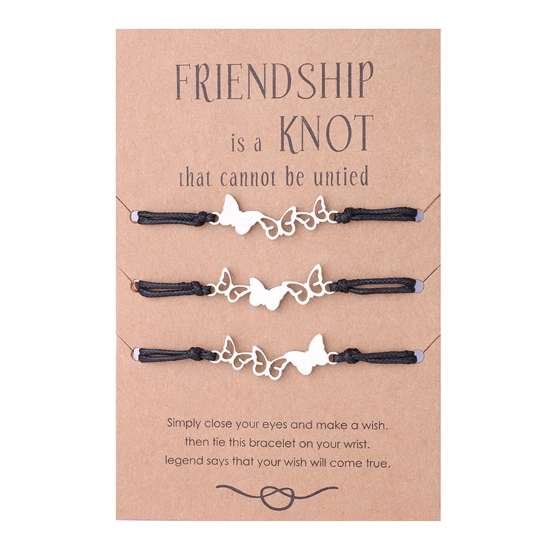 Friendship Card Bracelet European American Stainless Steel Hollowed Butterfly Hand Woven Rope 3 Pcs Sets