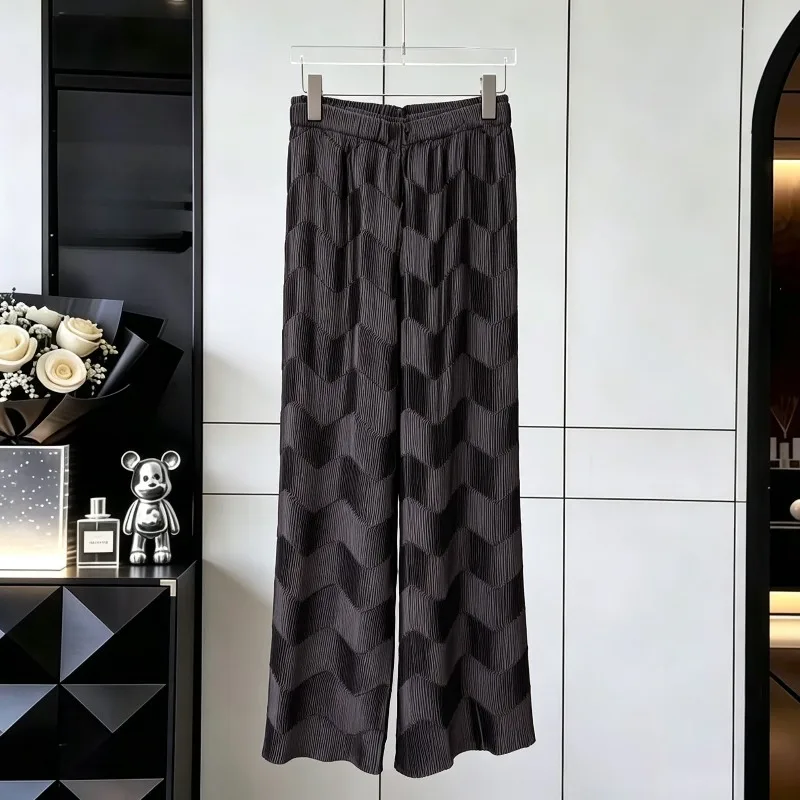Miyake Pleated Wide-Leg Pants 2026 Autumn New Fashion Glossy Satin Gradient Wave Pattern Design Women's Straight-Leg Trousers