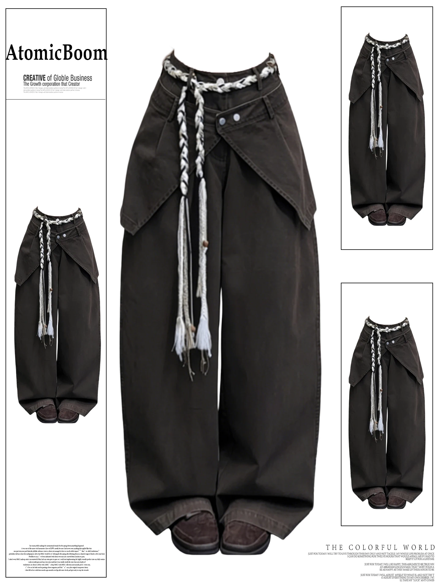 

Retro American Brown Bell Bottom Jeans Women's Spring Summer Street Style High Waist Fake Two-Piece Loose Fit Denim Pants